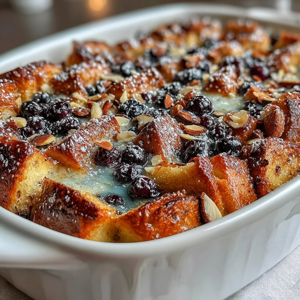 Warm Blueberry Lemon Sourdough French Toast Casserole baked until golden, topped with crunchy almonds and dusted with powdered sugar.