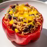 A close-up shot of the colorful stuffed bell peppers, steaming hot from the oven with melted cheese.