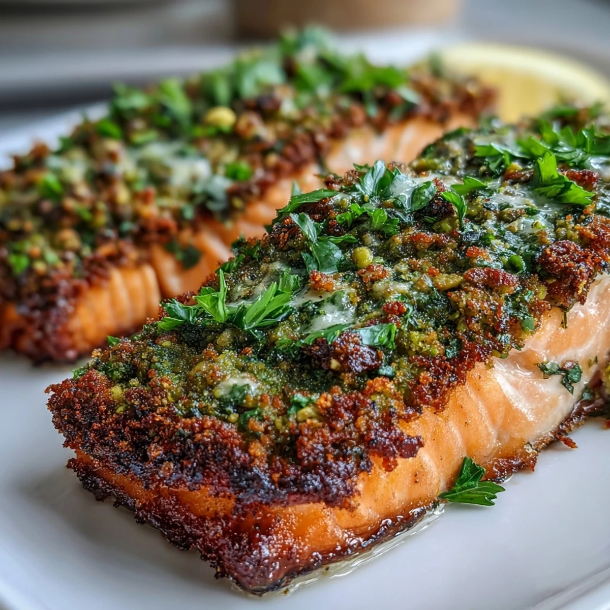 A golden pistachio crusted salmon filet with fresh herbs, pan-seared until crisp and served with lemon wedges.  