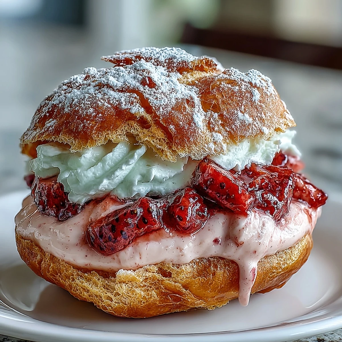Golden-baked choux pastry shells split open to reveal luscious strawberry cream filling, perfect for a romantic Valentine's Day dessert.  