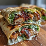 Grilled Garlic Naan Chicken Caesar Wrap cut in half to show juicy chicken and fresh lettuce.