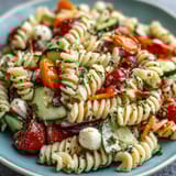 Colorful summer pasta salad with fusilli, cherry tomatoes, cucumbers, and mozzarella in zesty Italian dressing, perfect for picnics.  