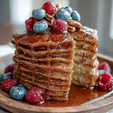 Golden brown High Fiber Protein Pancakes stacked high, drizzled with syrup.