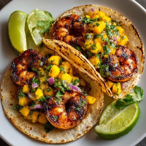 Grilled Shrimp Tacos with Mango Salsa: Charred shrimp in warm tortillas, a juicy tropical bite.