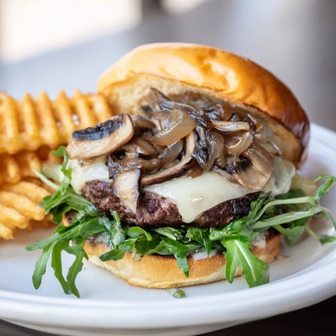 Juicy Mushroom Swiss Burger with melted cheese, served with crispy, golden waffle fries, ideal for lunch.