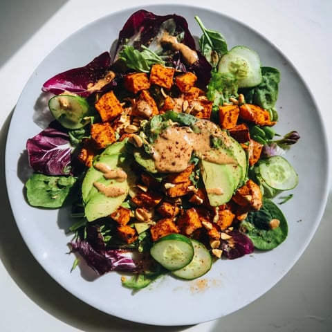 Roasted sweet potatoes shine in this Spiced Peanut Sweet Potato & Radicchio Salad Bowl, a flavorful vegetarian meal.