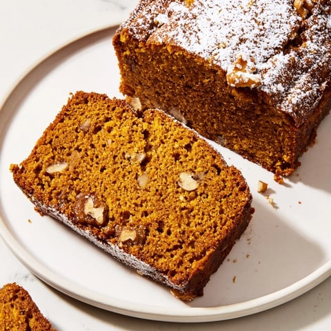 Golden-brown pumpkin bread loaf, sliced and ready to serve, perfect for a cozy fall treat.