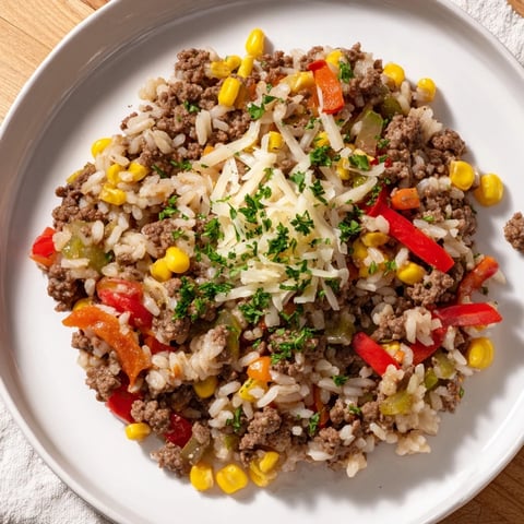Ground Beef Skillet with Veggies & Rice, a flavorful one-pan meal; see fluffy rice.
