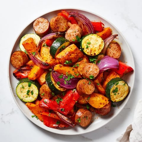 Golden-brown sheet-pan roasted veggies and sausage, a simple, delicious one-pan dinner.