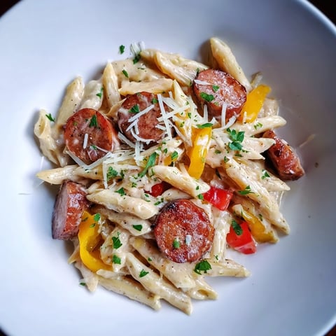 Cajun Spiced Smoked Sausage Alfredo: a rich, creamy pasta dish with smoky sausage and vibrant vegetables.
