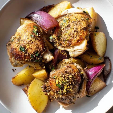 Crispy skin on perfectly roasted pan-roasted zaatar chicken and potatoes with golden, tender vegetables.