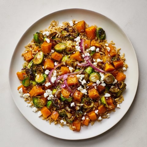Golden roasted vegetables and fluffy orzo combine in this delicious fall harvest orzo salad.