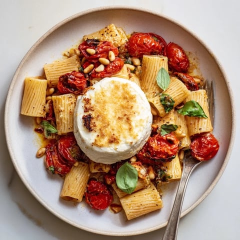 Golden, bubbly Baked Goat Cheese Snowflake Tomato Basil Pasta, a creamy festive vegetarian main course.