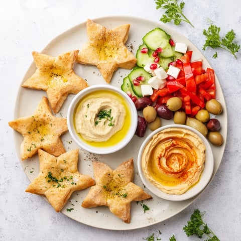 A colorful Three Kings Star Pita Board, featuring crispy pita, creamy dips, and tasty Mediterranean veggies.