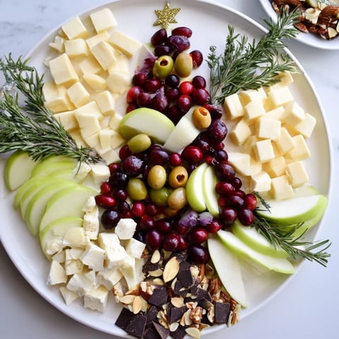 Cranberry Joy Tree Board displays a delicious array of cheeses, fruits, and crackers arranged beautifully.