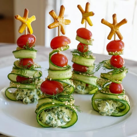 Delicate spiral cucumber ribbon Christmas trees appetizer: creamy cheese and vibrant cherry tomato accents.