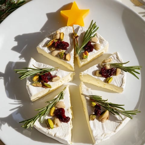 Simple Brie Triangle Cheese Tree arranged with rosemary and cranberries, a beautiful holiday appetizer.