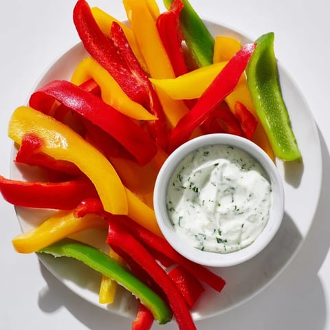 Crisp, colorful bell pepper strips surround a creamy Greek yogurt dip, ready for dipping and enjoying.