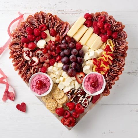 A gorgeous Heart of Romance Board overflowing with fresh fruits, meats, and cheeses for sharing.