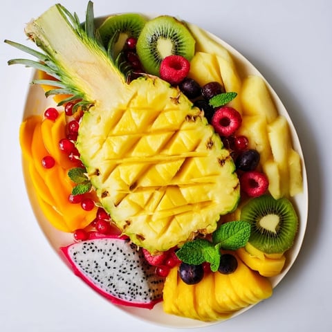Vibrant Tropical Pineapple Paradise fruit platter, showcasing a scored pineapple filled with colorful sliced fruits.