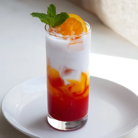 A refreshing Alpine Sunrise mocktail, a layered drink of coconut and sun-kissed orange juice.