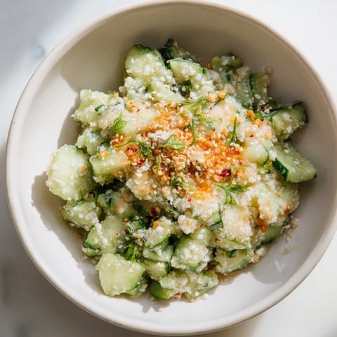 Fresh, bright Cucumber Shaker salad with sesame seeds and savory umami flavors, perfect for summer.