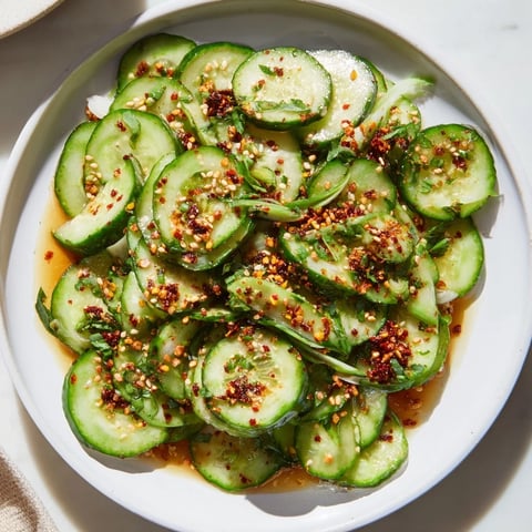 Fresh, vibrant Cucumber Shaker Salad with chili crisp offers a cool, crunchy side dish.