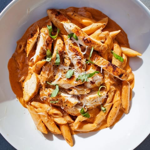 Creamy tomato basil chicken pasta glistening with fresh basil, a comforting Italian dinner.