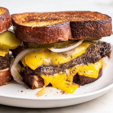 Golden, toasted bread encases a melted cheese and flavorful smashed burger grilled cheese.