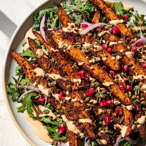 Vibrant Roasted Carrot Salad with tahini-lemon drizzle, showing tender, caramelized carrots on fresh greens.