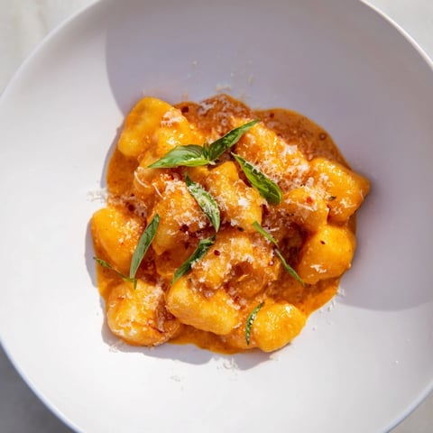 Steaming Creamy Tomato Gnocchi, a one-skillet Italian dream, with rich, red sauce and Parmesan.