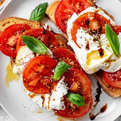 Vibrant Tomato Burrata Toast, with creamy burrata, juicy tomatoes, and fresh basil, ready to eat.