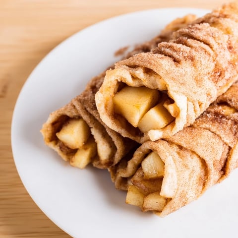 Golden-brown Apple Pie Roll-Ups: Crispy tortillas filled with spiced apples, ready to enjoy warm.