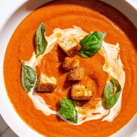 Creamy Roasted Garlic Tomato Soup, served hot, with basil garnish, a vibrant and comforting meal to enjoy.