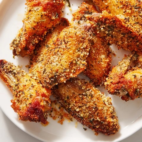 Golden-brown Baked Parmesan Chicken Wings, ready to eat, with crispy, flavorful crust.