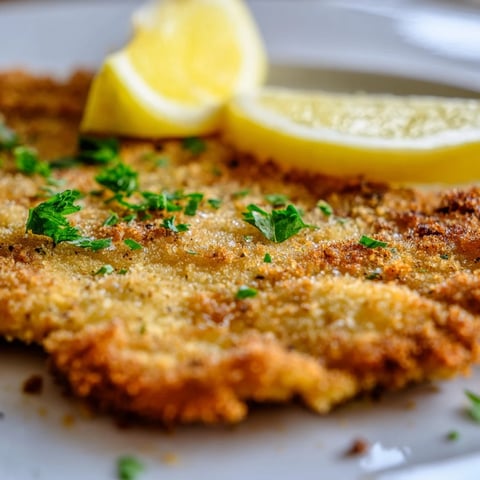 Golden-brown German schnitzel cutlet, crispy from the pan, ready to squeeze with fresh lemon wedges.
