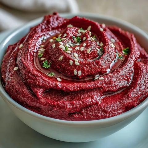 Vibrant Roasted Beet Hummus marbled with creamy tahini and olive oil.