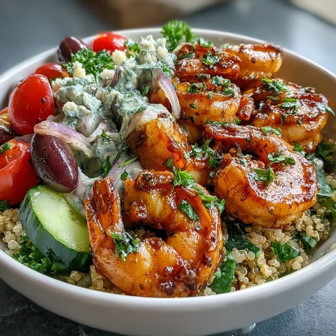 A vibrant Mediterranean Shrimp Bowl with succulent shrimp over quinoa and fresh vegetables, drizzled with creamy tahini sauce.