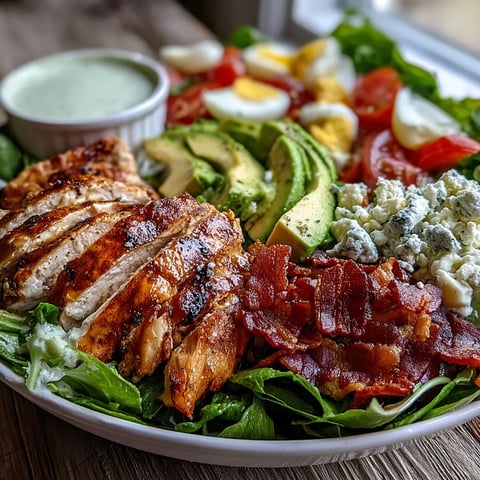Colorful Cobb salad bowl with rows of chicken, avocado, bacon, and hard-boiled eggs.