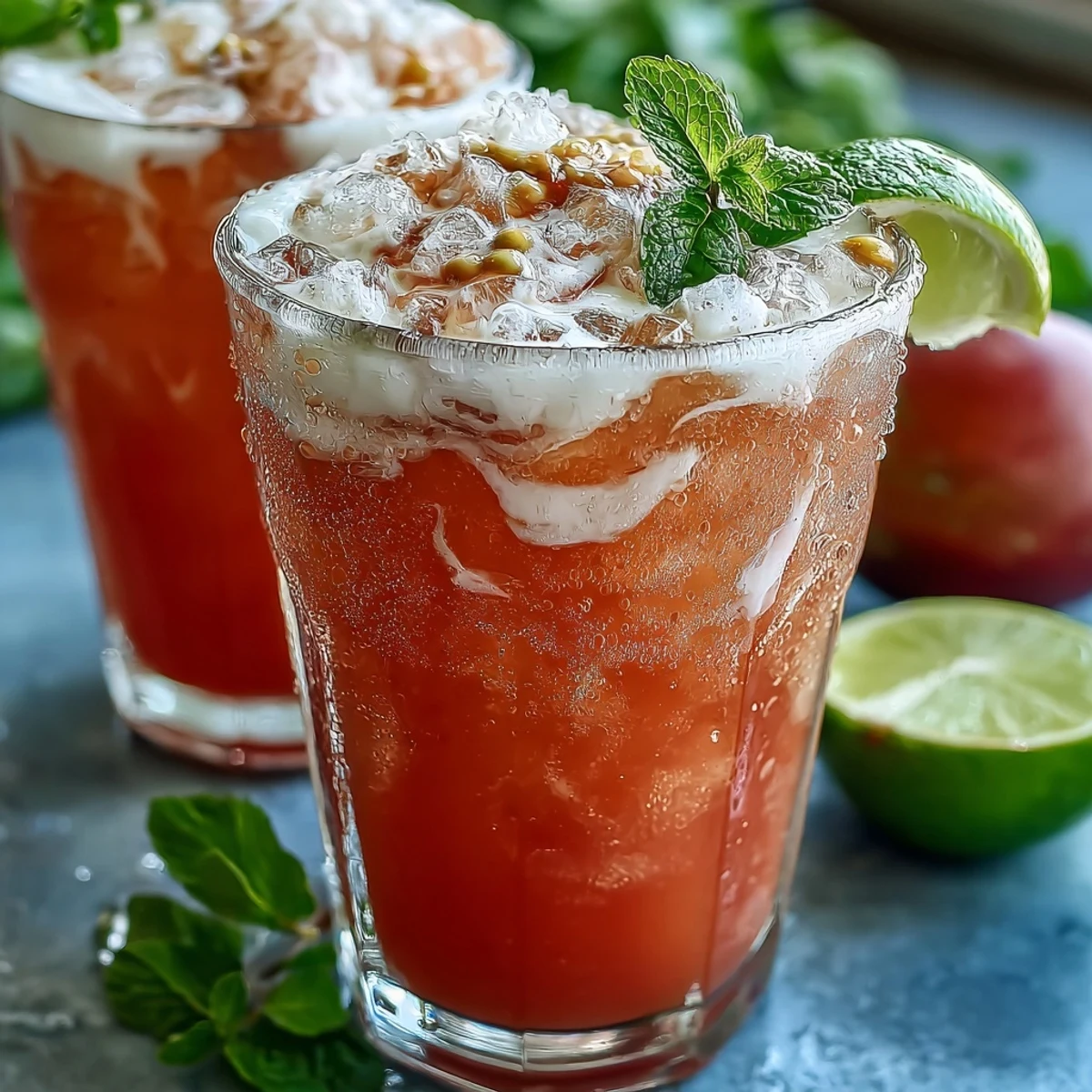 Frosted glasses of vibrant DIY Iced Guava Passionfruit Drink with mint and sliced strawberries, a tropical summer treat.