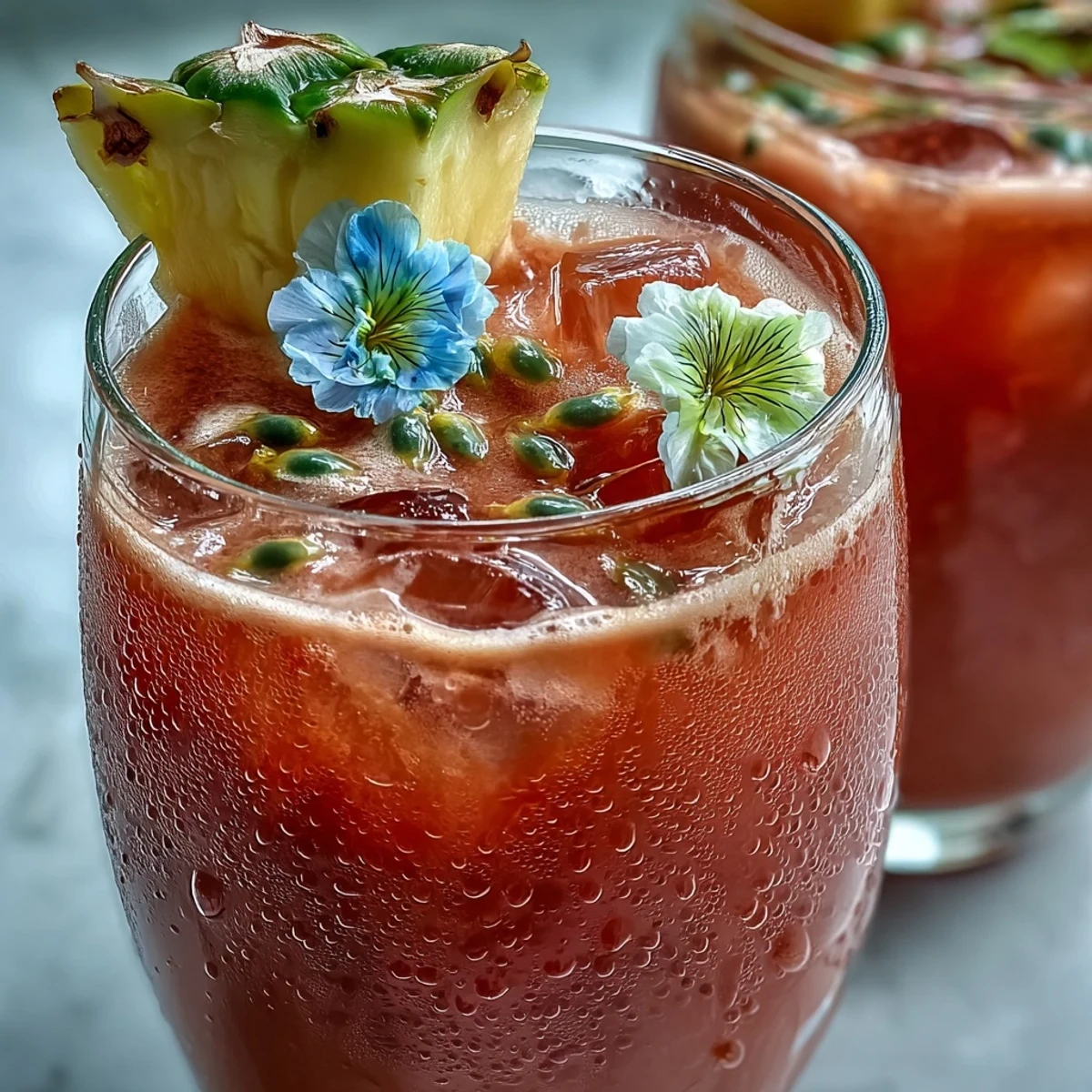 Iced Guava Passionfruit Drink in a tall glass garnished with fresh pineapple wedge and edible flowers, served over ice with a vibrant pink hue.