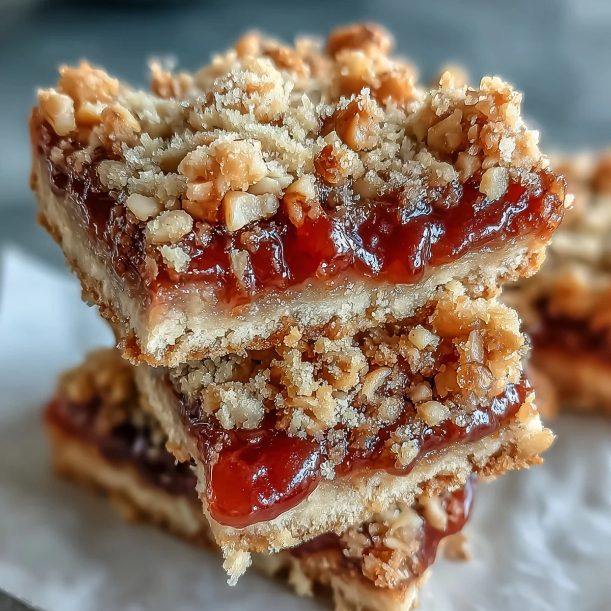 Golden-baked Guava Jam Bars with coconut and macadamia crumble topping, stacked on a rustic wooden board.