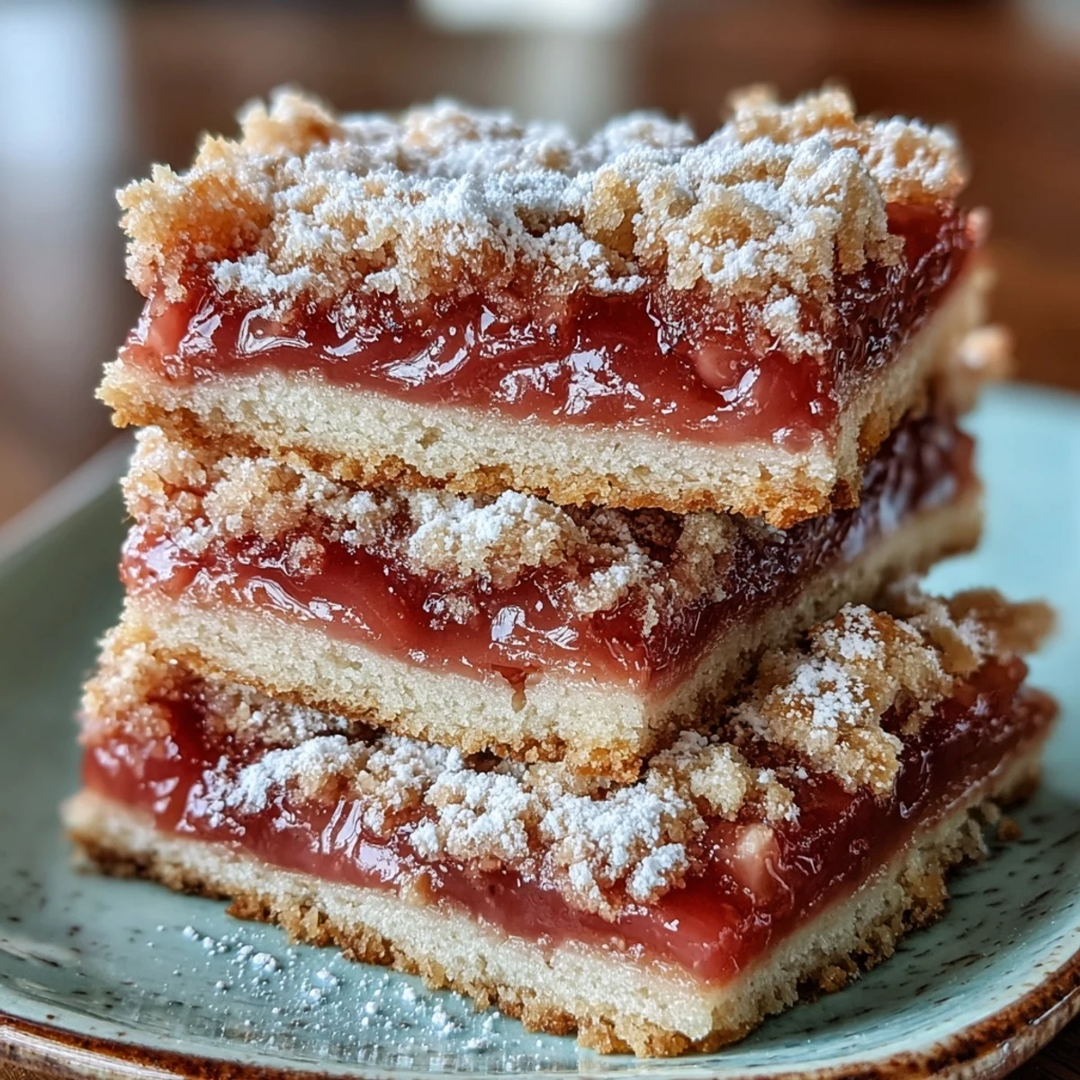 Golden-baked Guava Cake Bars with a luscious guava paste center, dusted with powdered sugar on a wooden board.