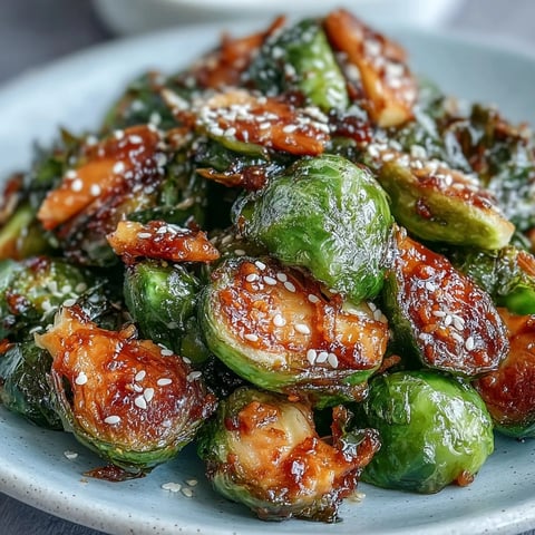 Crispy, caramelized Irresistible Orange Maple Glazed Brussels Sprouts tossed in a glossy glaze and served hot on a plate.