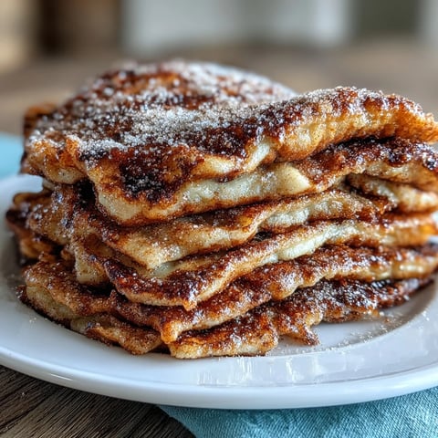 Golden-brown Spanish Churro-Inspired Pancakes stacked high, generously coated in cinnamon sugar and melting butter.