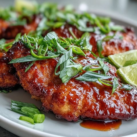 Thai Sweet Chili Chicken garnished with fresh green onion and bright lime wedges served over fluffy rice.