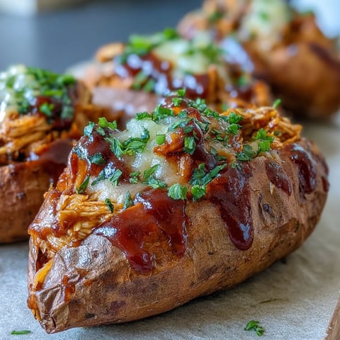 Golden roasted sweet potatoes filled with saucy honey BBQ chicken and topped with bubbling cheddar.