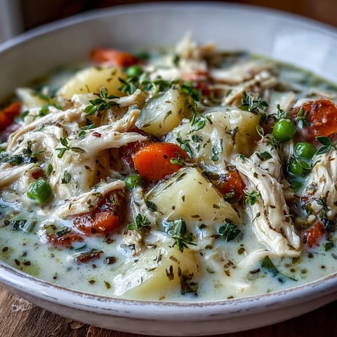 Creamy Chicken Pot Pie Soup served steaming in a rustic bowl, garnished with fresh parsley and thyme.