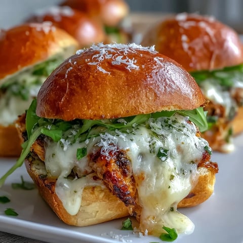 Golden-brown Pesto Chicken Parmesan Sliders on a baking sheet with melted mozzarella and fresh basil garnish.
