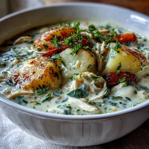 Creamy Chicken Pot Pie Soup steaming in a white bowl, garnished with fresh parsley.